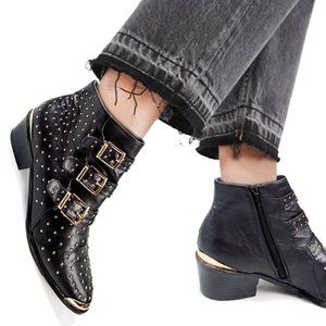 Francesca's Black Gold Studded Buckle Booties 7.5